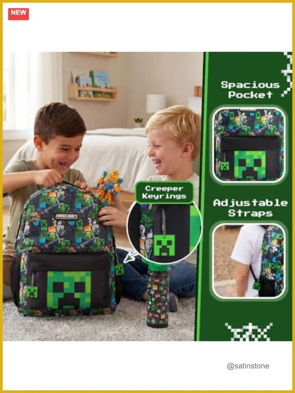 Minecraft Steve & Creeper Graphic Print Zip-Up Backpack for School Kids